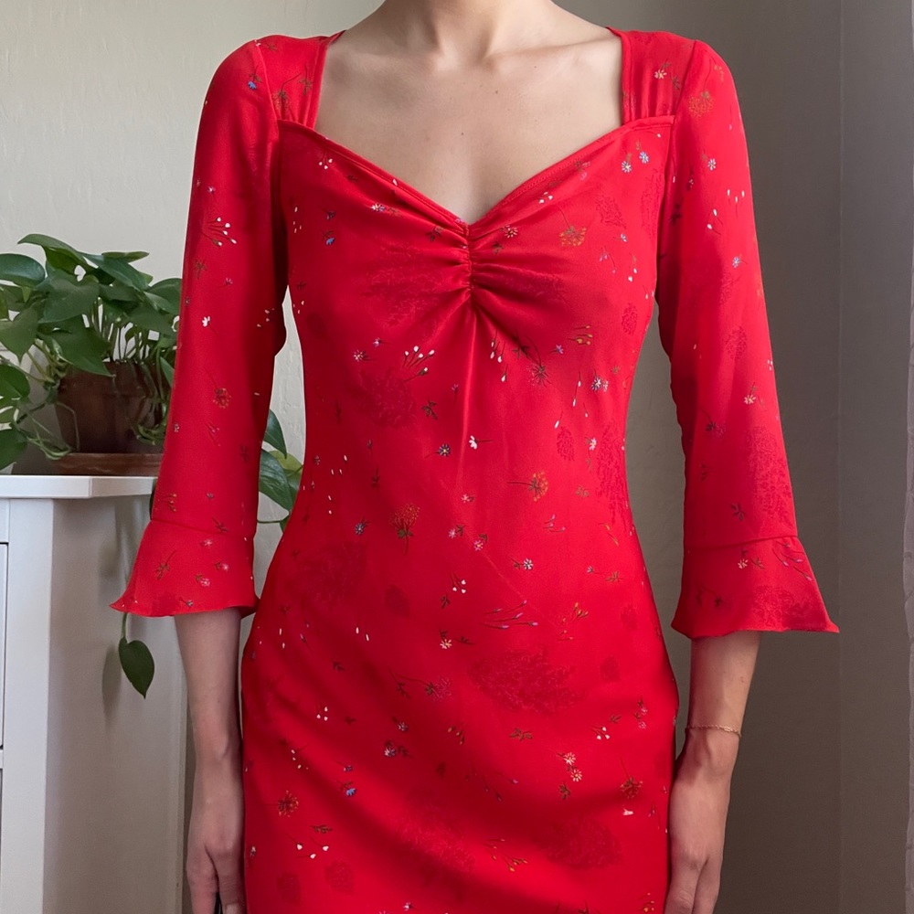 90’s Vintage Jonathan Martin Red Floral Midi Dress with Sweetheart Neckline